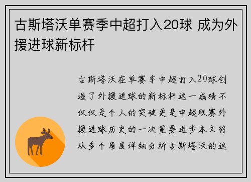 古斯塔沃单赛季中超打入20球 成为外援进球新标杆